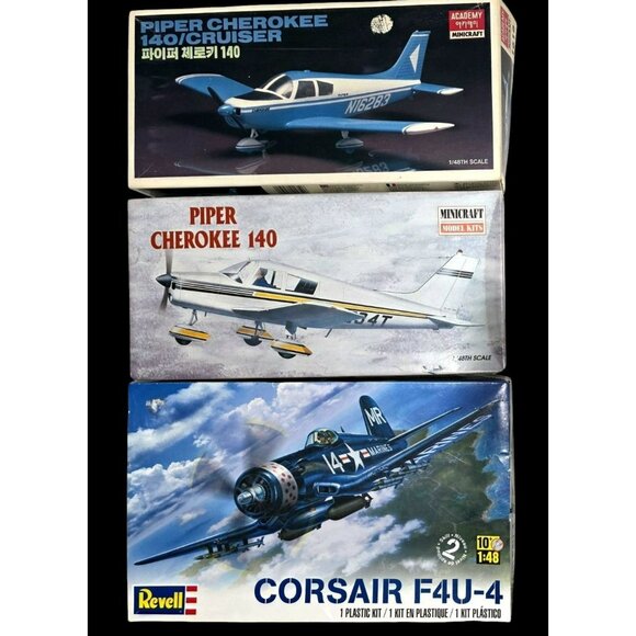 Minicraft & Revell Other - 3 Airplane Model Kit Revell Corsair F4U-4 Academy Piper Cherokee 140 Cruiser